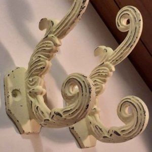 Set of 2, Cast Iron Victorian Distressed Milky Antique White Wall Hooks